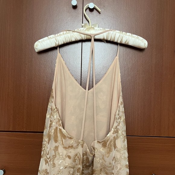 Gold Sequin Mini Dress T-strap Back, Size Small - Picture 2 of 9